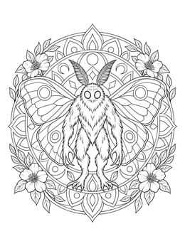 Intricate cryptid coloring page featuring Mothman inside an ornate circular floral mandala.