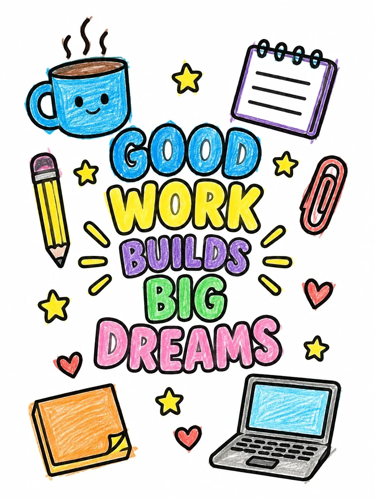 Colored example of the Motivational Work Quote With Office Doodles coloring page