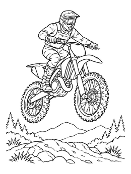 A motocross dirt bike coloring page showing a rider jumping midair over outdoor trails.
