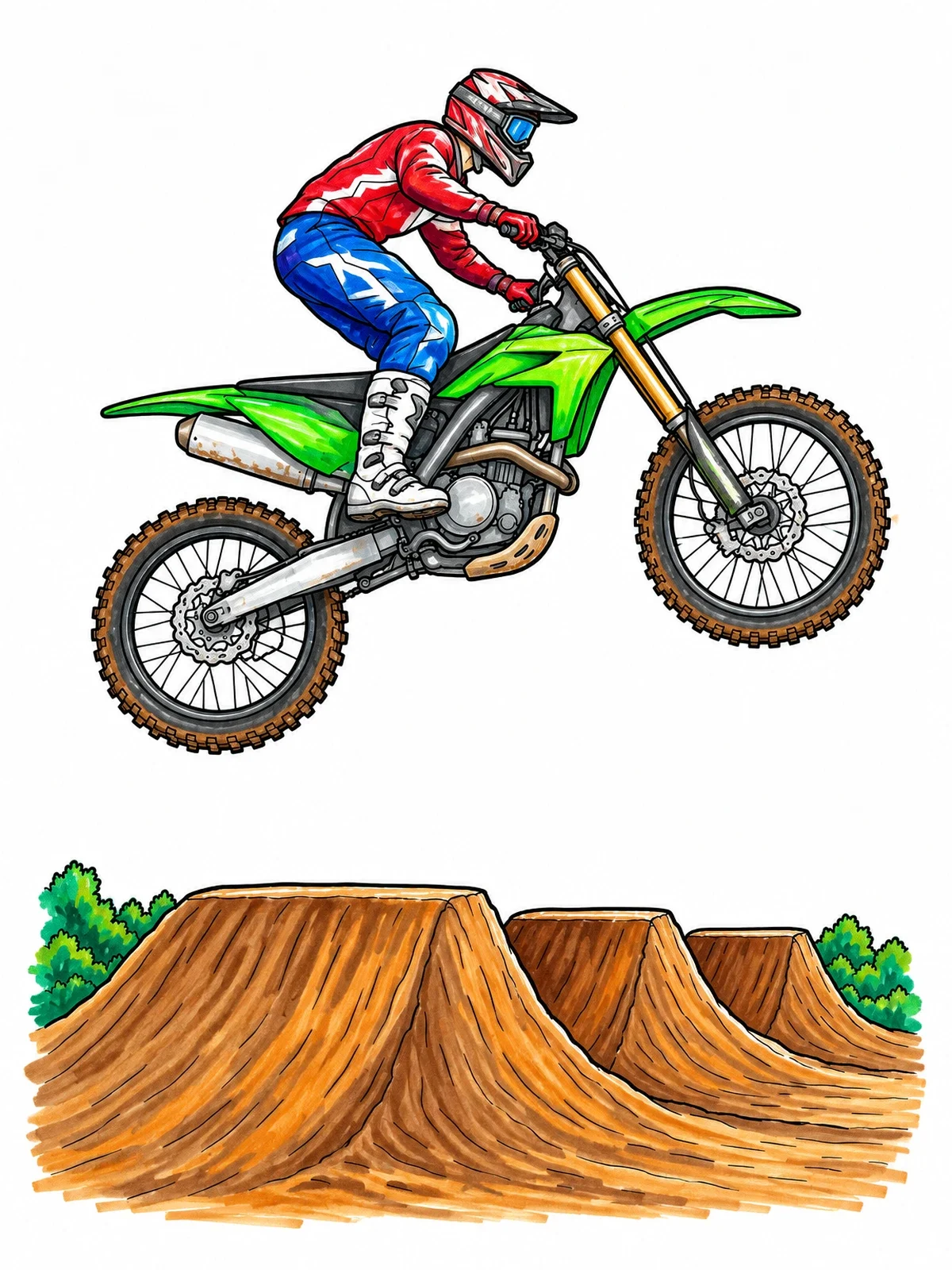 Colored example of the Motocross Rider Jumping Over Hills coloring page