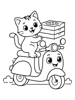 A cheerful cartoon kitten rides a friendly scooter on this motorcycle coloring page.
