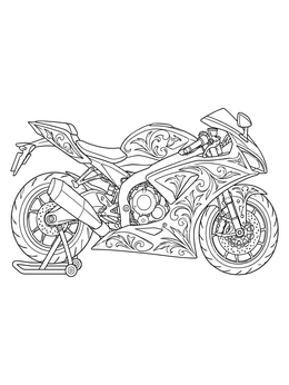 Detailed racing motorcycle coloring page featuring intricate patterns on a paddock stand.