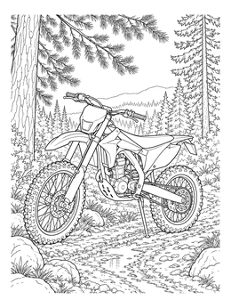 A detailed motorcycle coloring page featuring a dirt bike parked on a rocky path beneath tall pine trees.