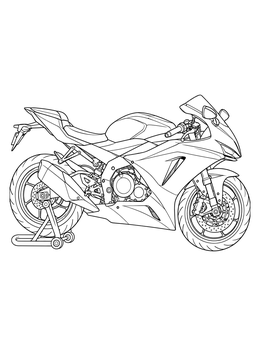 A detailed motorcycle coloring page showing a modern sportbike resting on a rear paddock stand.