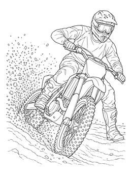 A motocross rider sliding through dirt on this dynamic motorcycle coloring page.