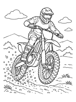 A motocross rider leaping over terrain on this dynamic motorcycle coloring page.