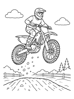 A motocross rider flies through the air in this motorcycle coloring page.