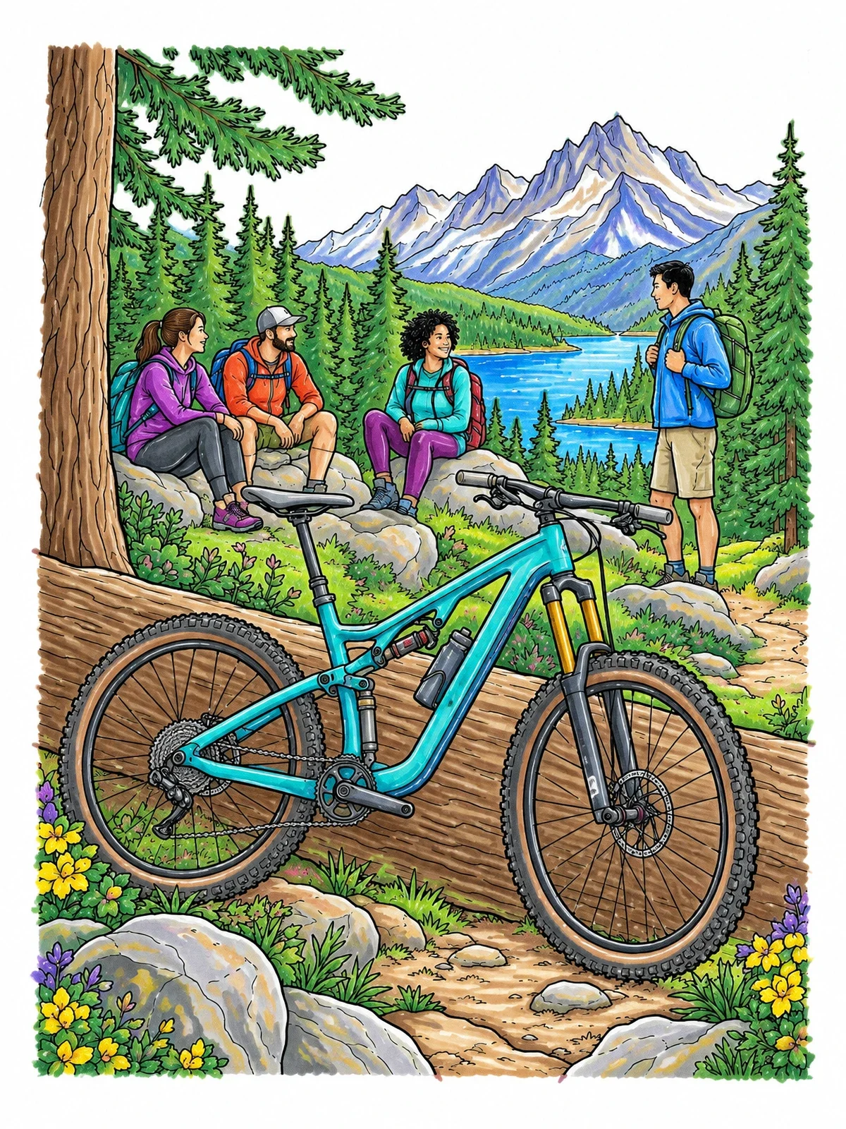 Colored example of the Mountain Bike Resting On Forest Trail coloring page