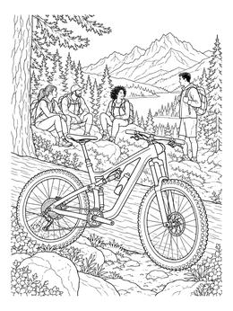 Free printable Mountain Bike Resting On Forest Trail coloring page