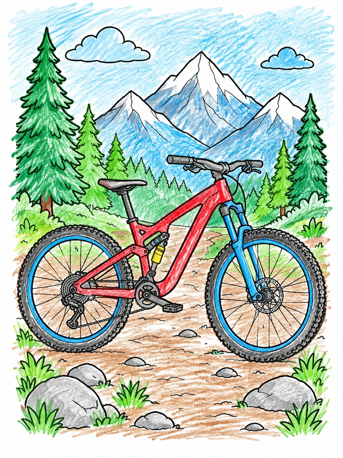 Colored example of the Mountain Bike On Scenic Trail coloring page