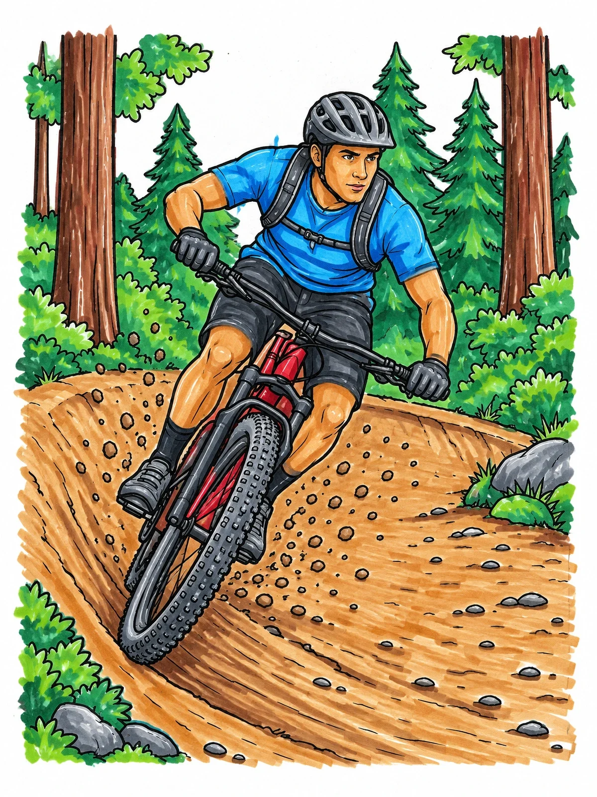 Colored example of the Mountain Biker Leaning On Dirt Berm coloring page