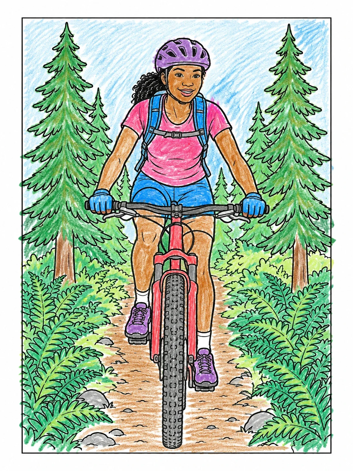 Colored example of the Mountain Biker On A Forest Singletrack coloring page