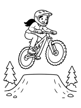 Free printable Mountain Biker Jumping Over Tabletop coloring page