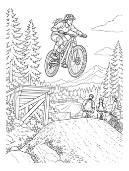 Free printable Mountain Biker Jumping Wooden Ramp coloring page