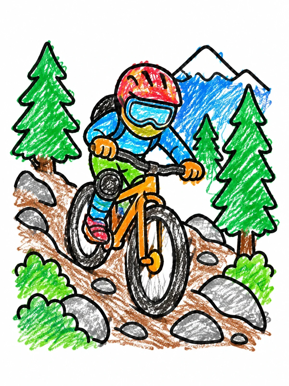 Colored example of the Biker Riding Down Rocky Trail coloring page