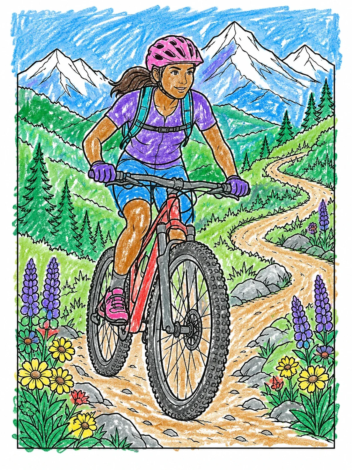 Colored example of the Mountain Biker Riding Alpine Trail coloring page