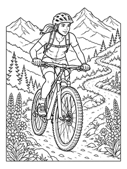 Free printable Mountain Biker Riding Alpine Trail coloring page