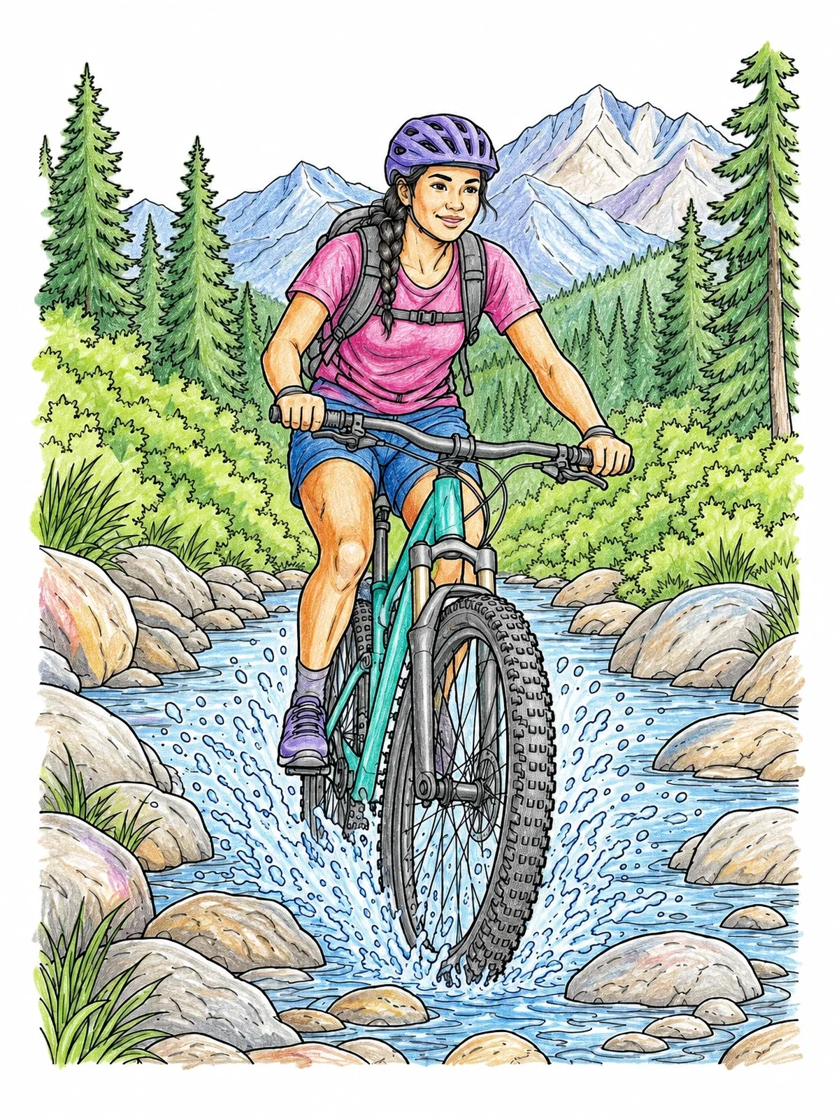 Colored example of the Mountain Biker Splashing Through River coloring page