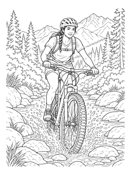 Free printable Mountain Biker Splashing Through River coloring page