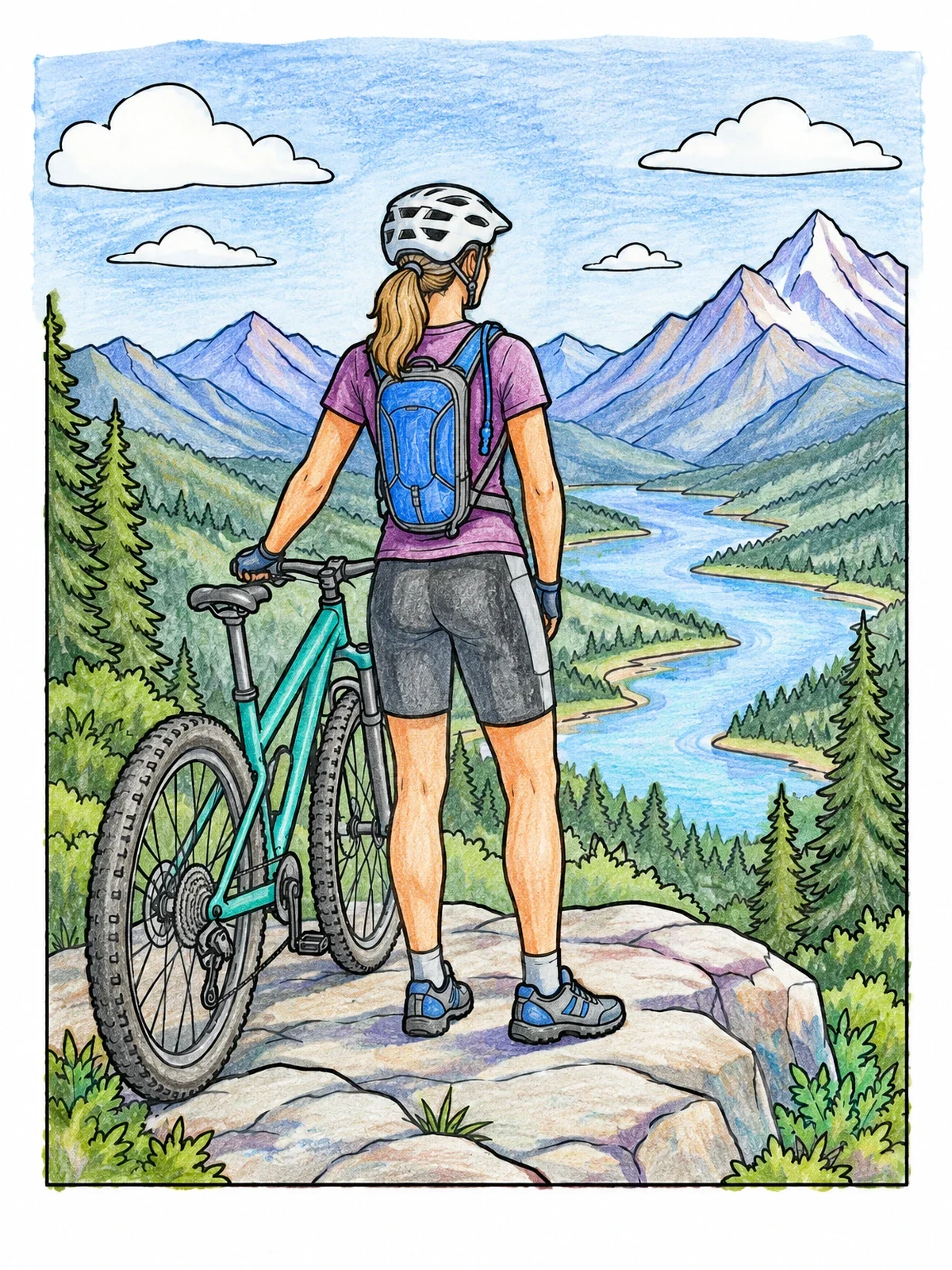 Colored example of the Mountain Biker At Valley Overlook coloring page