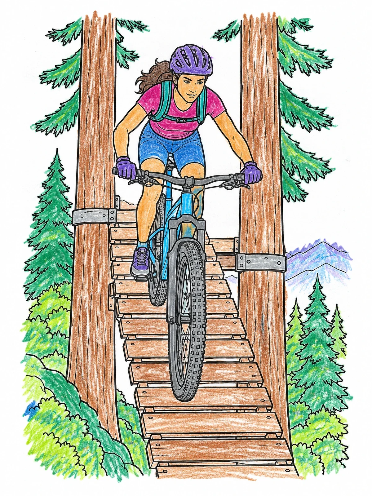 Colored example of the Mountain Biker On Wooden Bridge coloring page