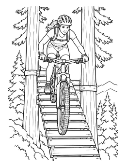 Free printable Mountain Biker On Wooden Bridge coloring page