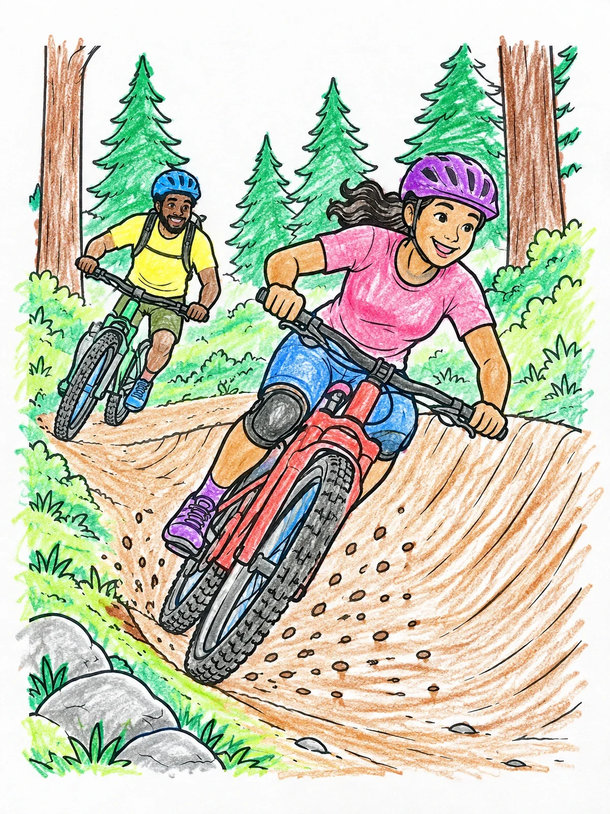 Colored example of the Mountain Bikers On A Forest Trail coloring page