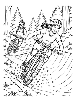 Free printable Mountain Bikers On A Forest Trail coloring page