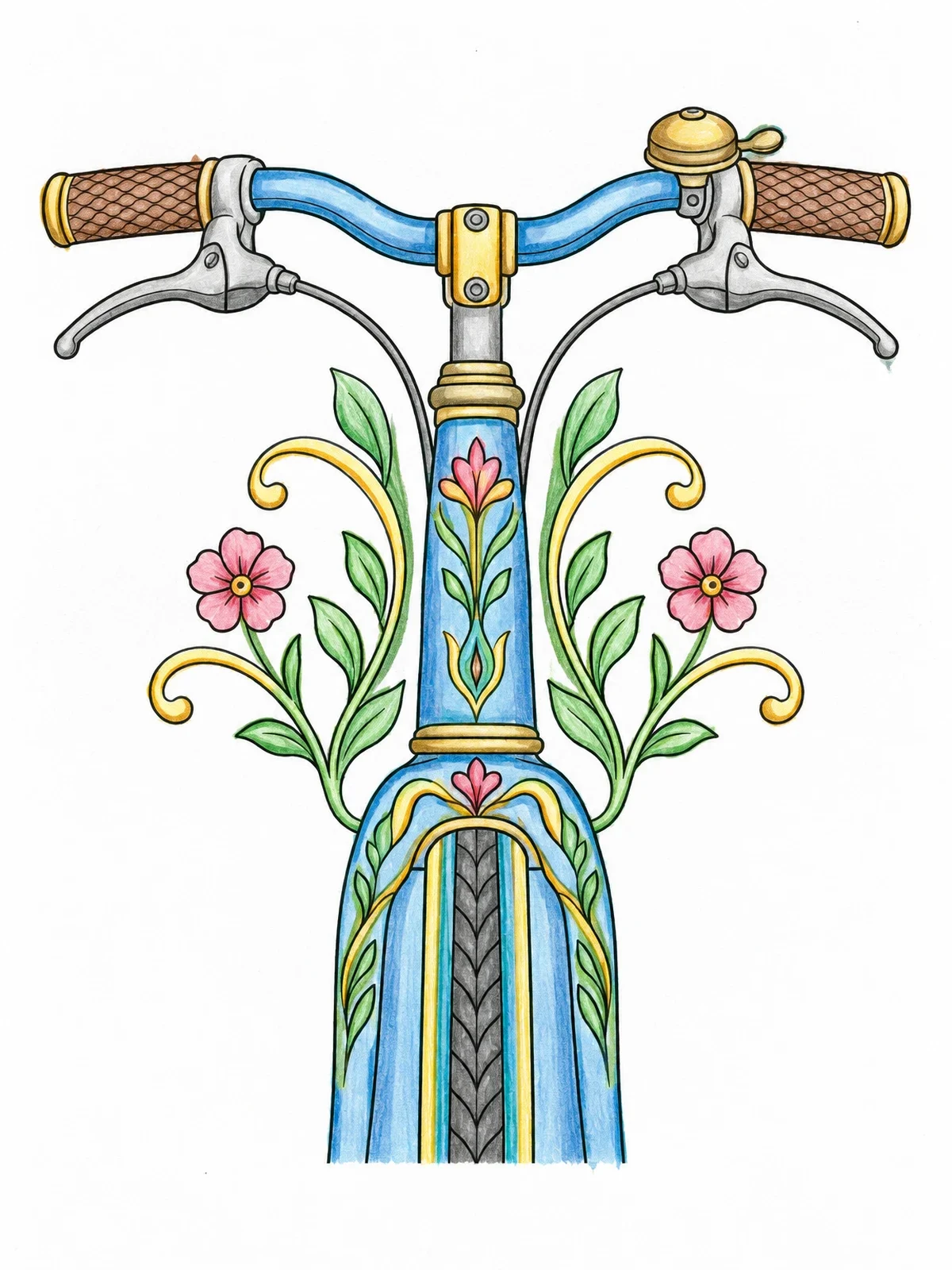 Colored example of the Decorative Bicycle Handlebars And Frame coloring page