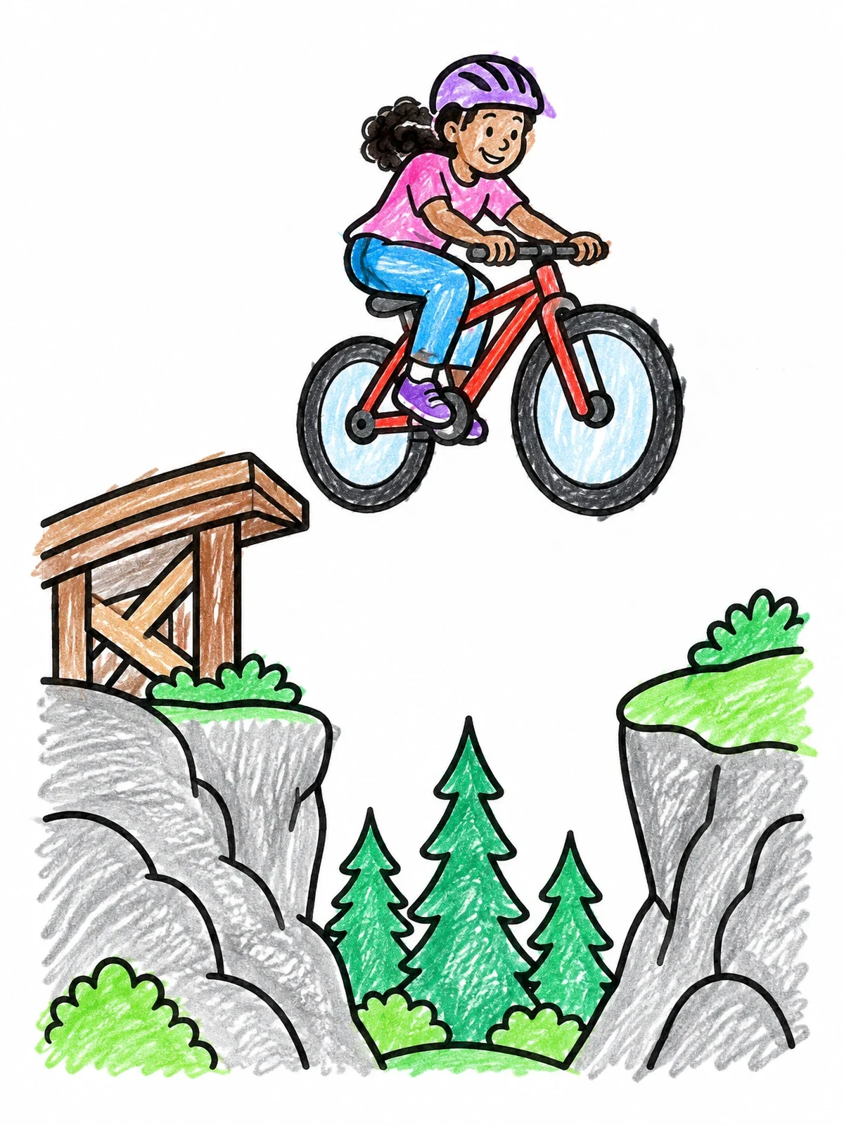 Colored example of the Girl Jumping Bike Over Ravine coloring page