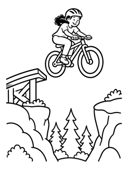 Free printable Girl Jumping Bike Over Ravine coloring page