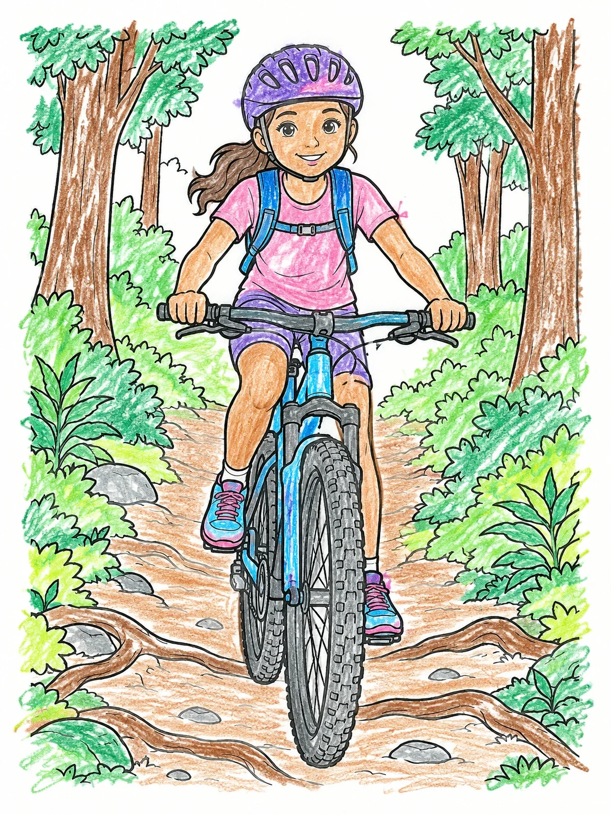 Colored example of the Young Cyclist On A Forest Trail coloring page