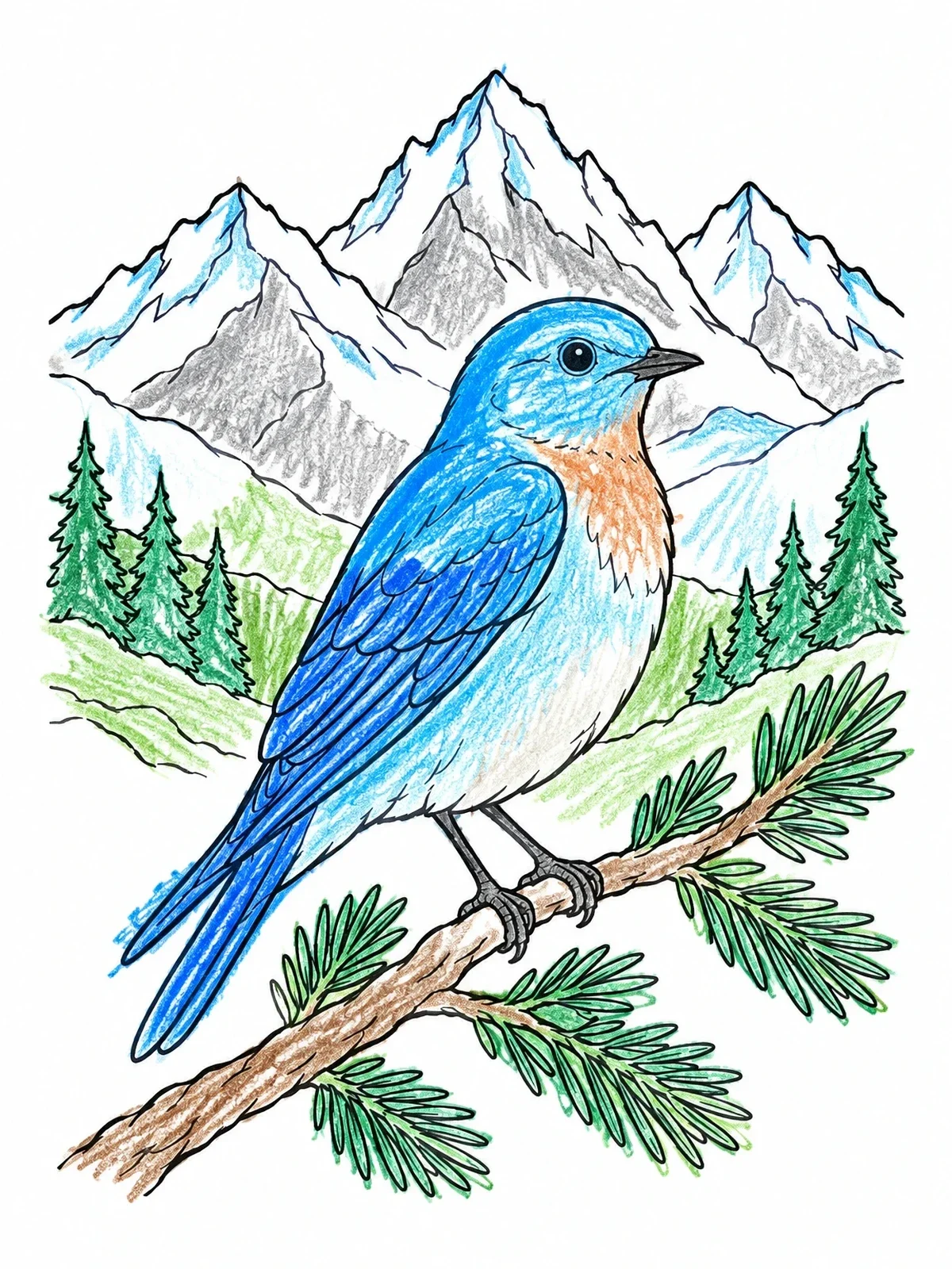 Colored example of the Mountain Bluebird On Pine Branch coloring page