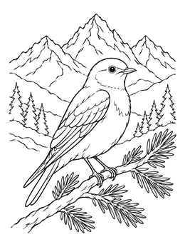 A mountain coloring page featuring a small bird perched on a pine branch against alpine peaks.