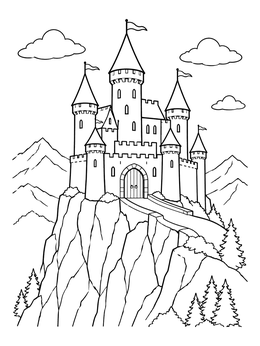 A fairytale castle coloring page perched on a rocky mountain cliff with towers and flags.