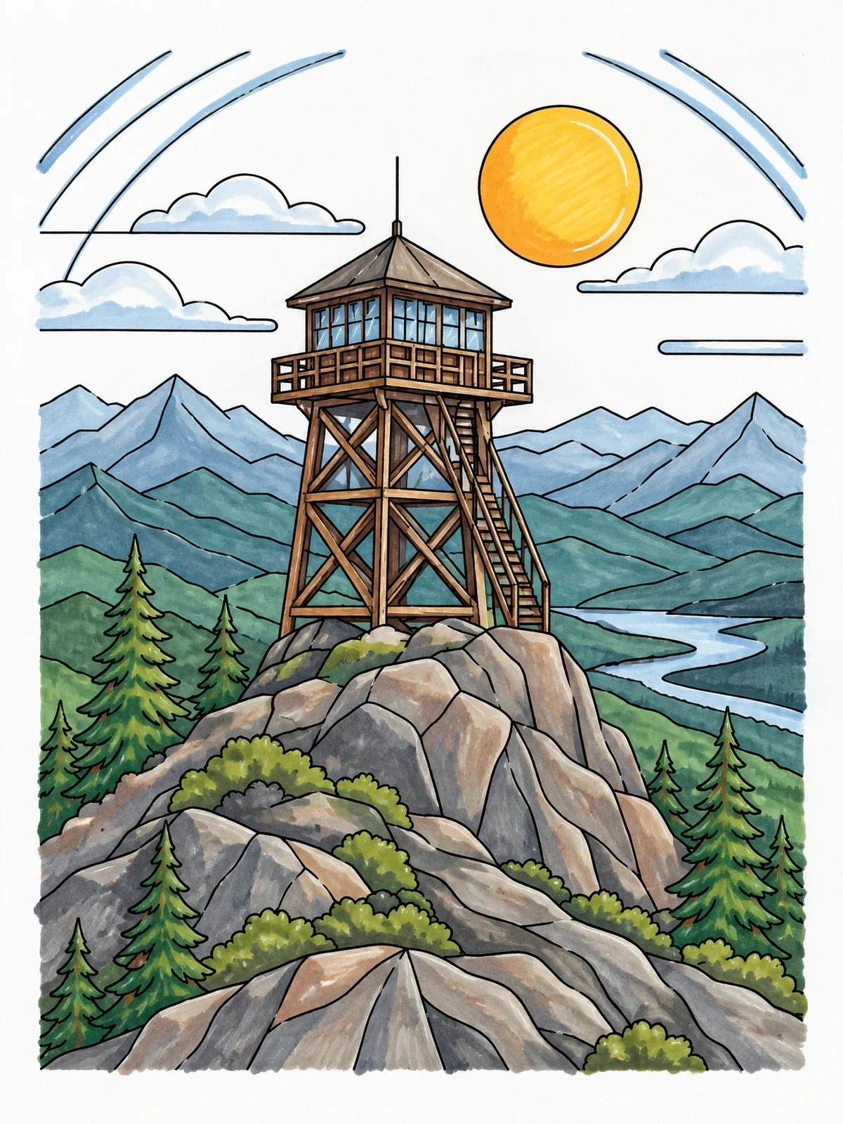 Colored example of the Mountain Fire Lookout Tower coloring page
