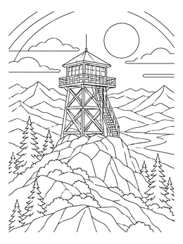 A mountain coloring page featuring a scenic fire lookout tower perched on a rocky summit overlooking distant ranges.