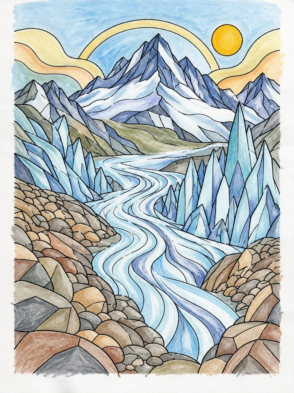 Colored example of the Glacier Valley With Sharp Peaks coloring page