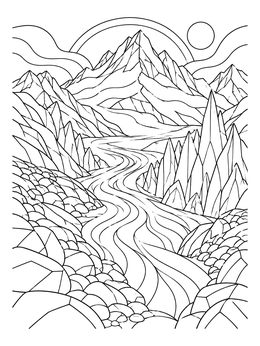 A winding river flowing through peaks on this mountain coloring page.