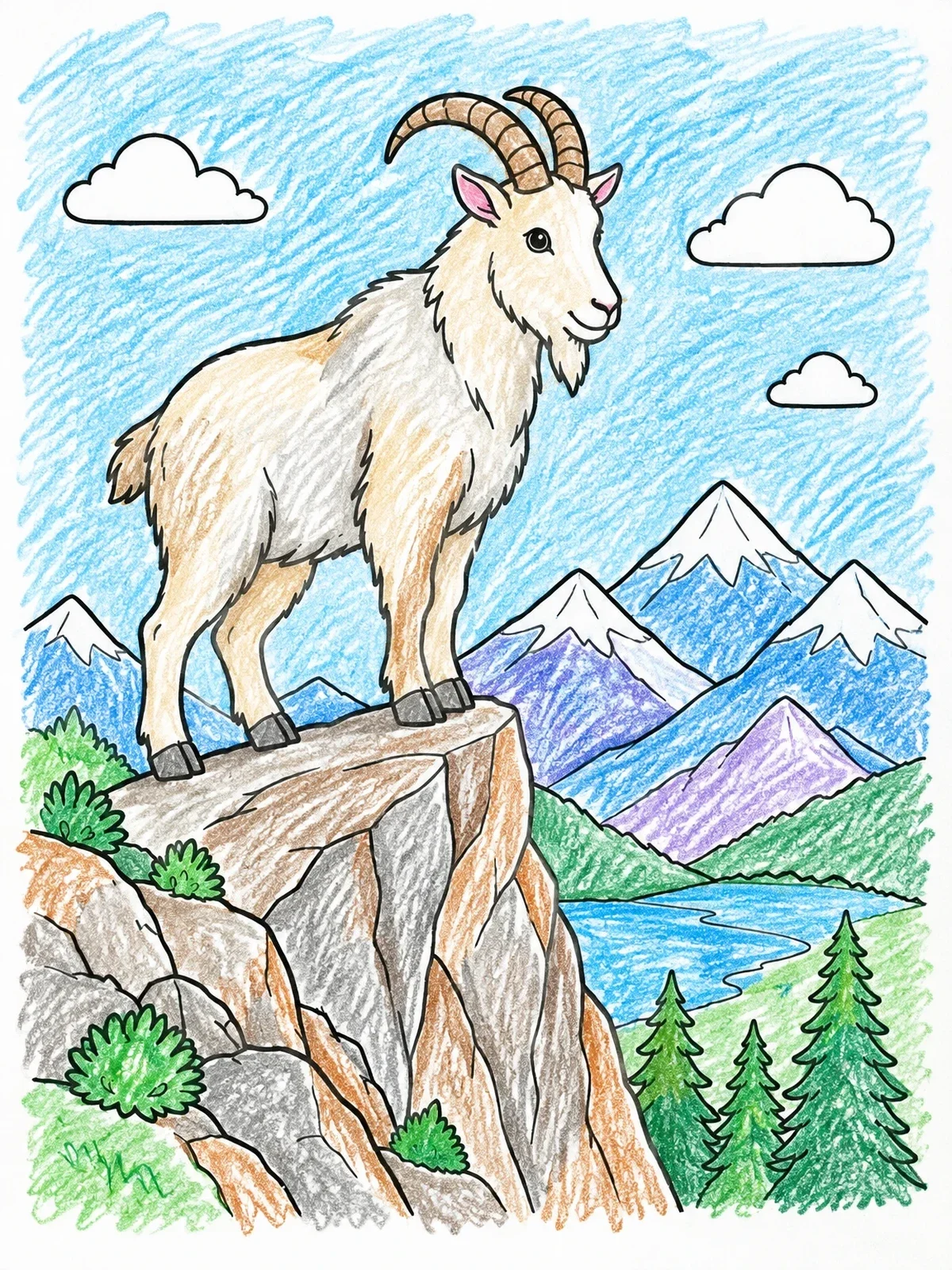 Colored example of the Mountain Goat On A Cliff coloring page