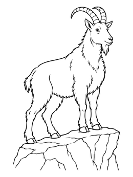 A proud mountain goat stands atop a rocky cliff in this detailed goat coloring page.
