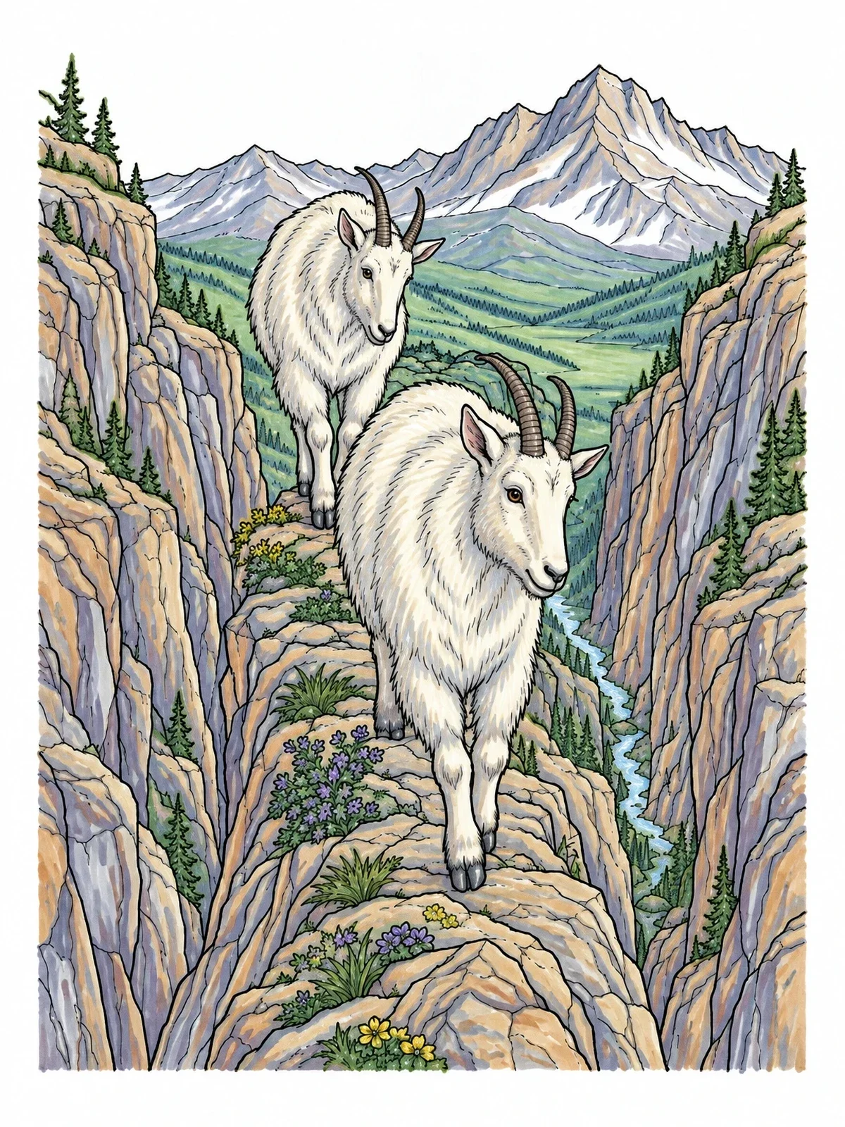 Colored example of the Mountain Goats On A Narrow Ridge coloring page