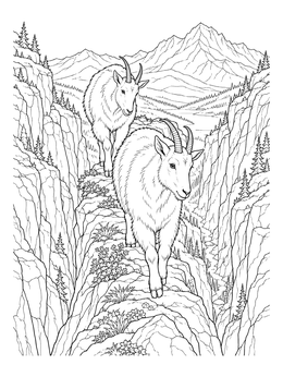 Two mountain goats walking along a rocky cliff path in this mountain coloring page.