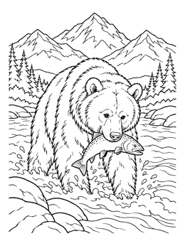 A grizzly bear catches a salmon in this mountain coloring page.