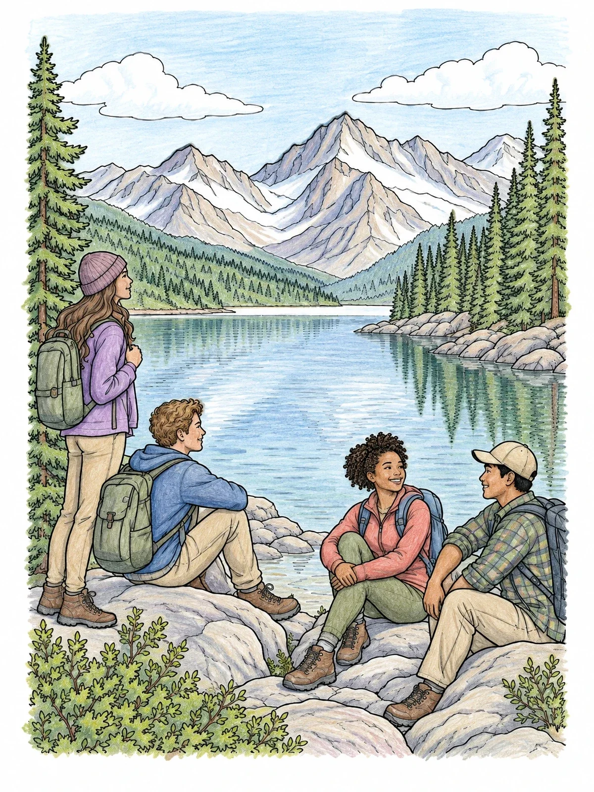 Colored example of the Hikers Resting By Alpine Lake coloring page