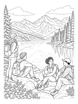 A group of hikers rests beside a scenic lake in this mountain coloring page.