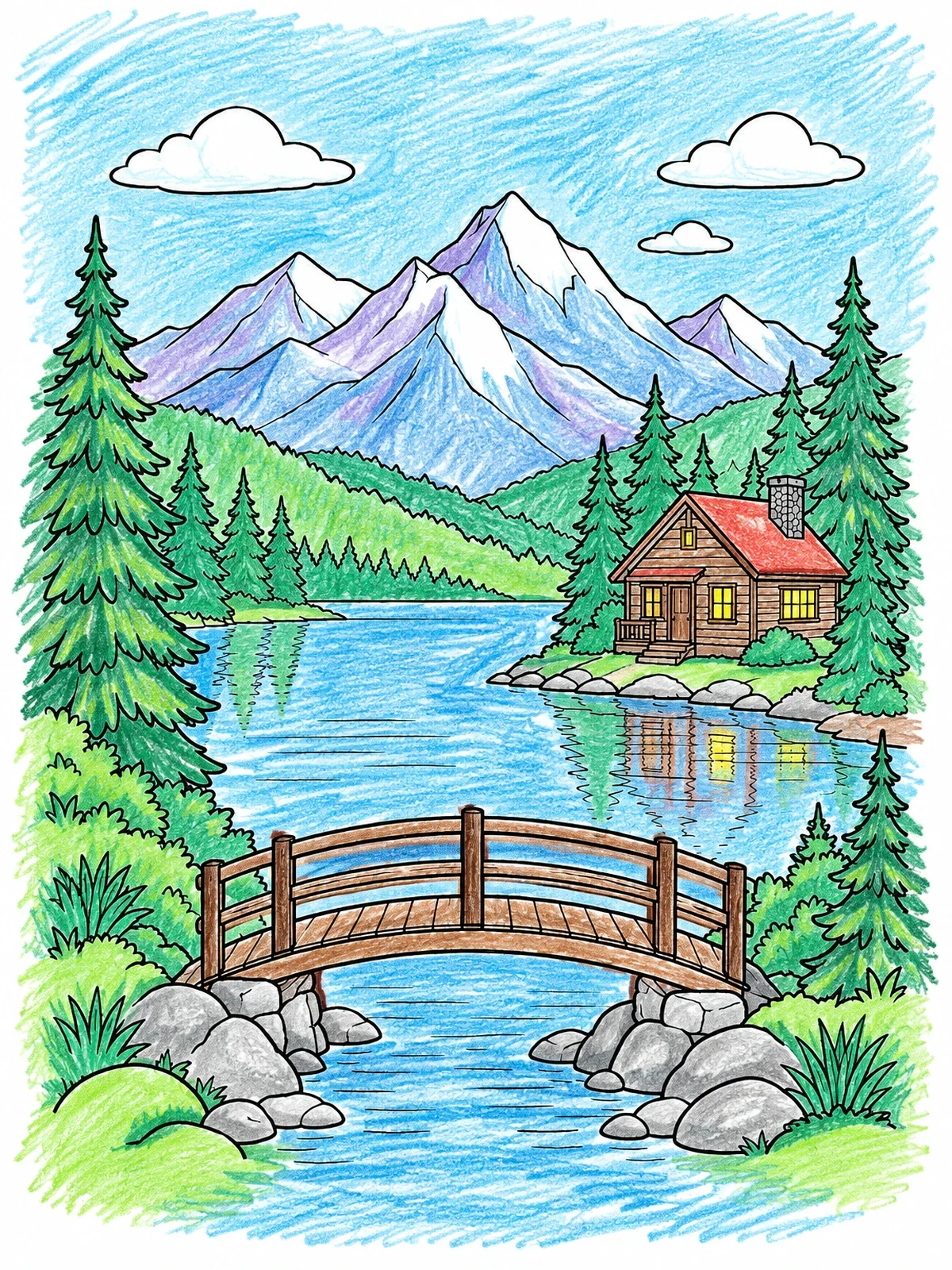 Colored example of the Mountain Lake With Bridge And Cabin coloring page