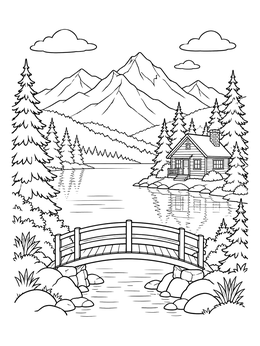 Free printable Mountain Lake With Bridge And Cabin coloring page