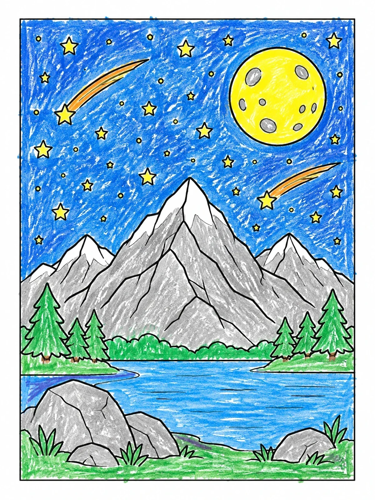 Colored example of the Mountain Lake Under Starry Night Sky coloring page