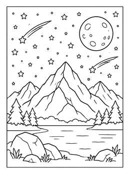 Free printable Mountain Lake Under Starry Night Sky coloring page